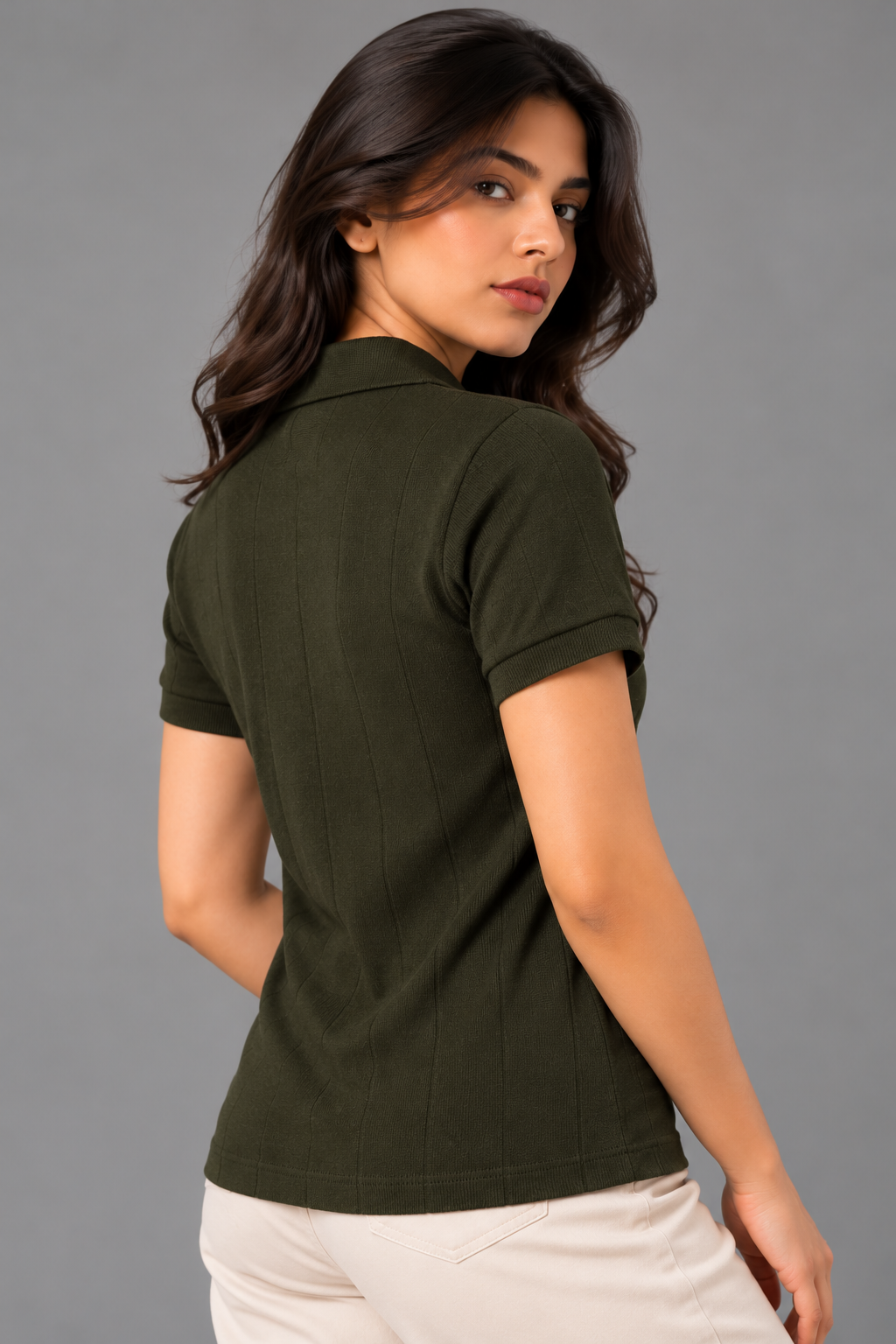 Drop-Needle Knit Polo Top-Olive Green