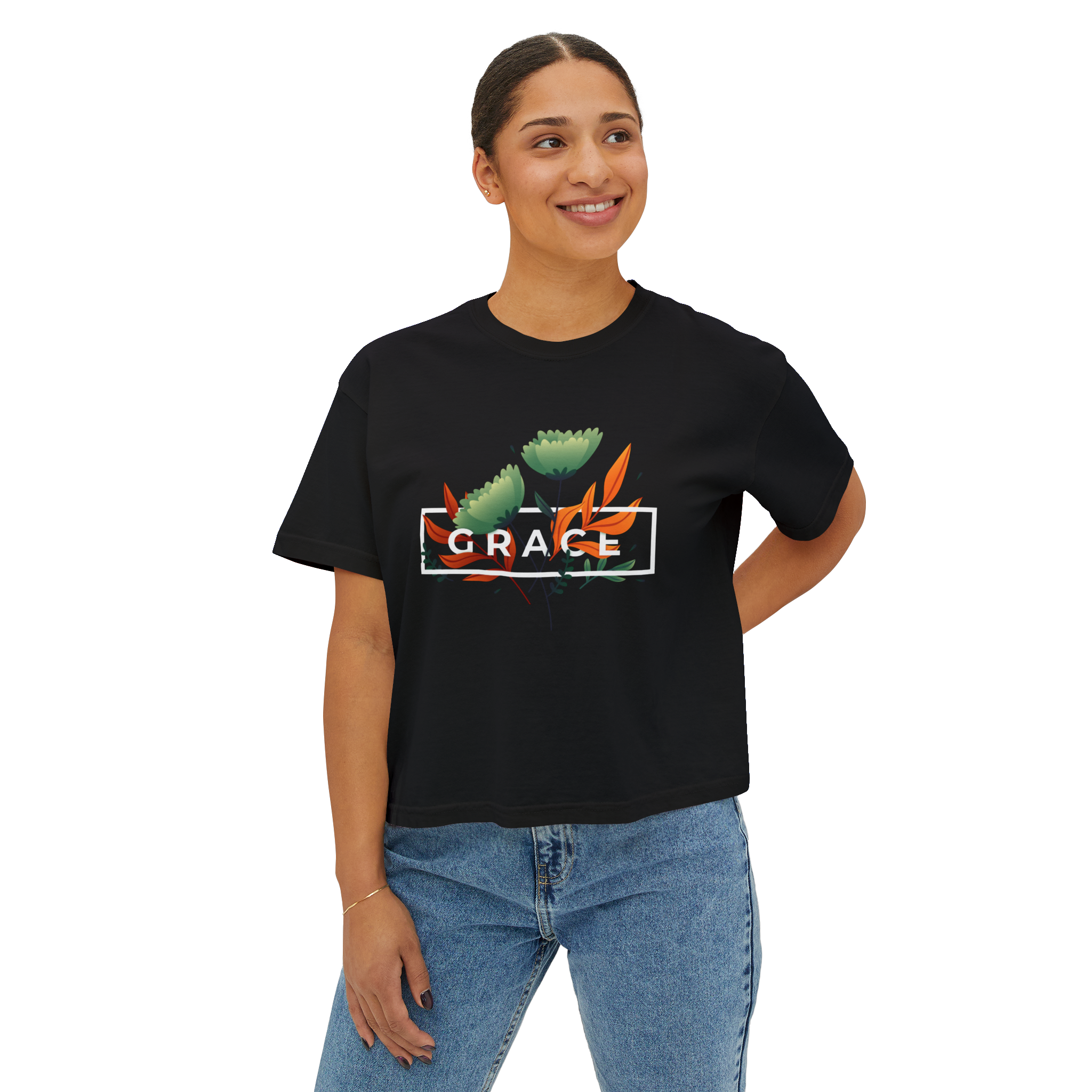 PRINTED DROP SHOULDER ROUND NECK TEE – BLACK – (Half Sleeves)