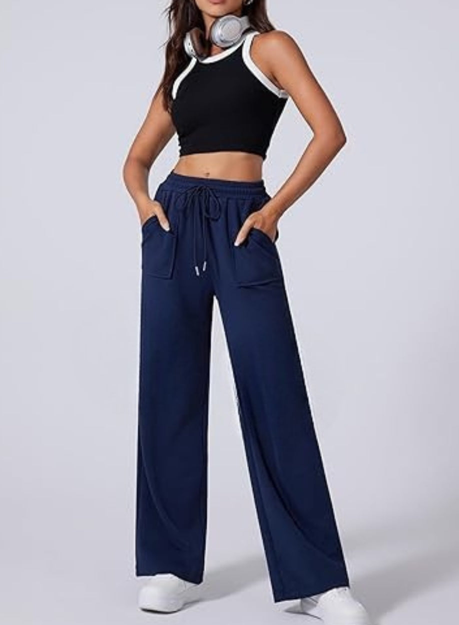 Women's High Waisted Wide Leg  Athletic Casual Trouser | BLUE