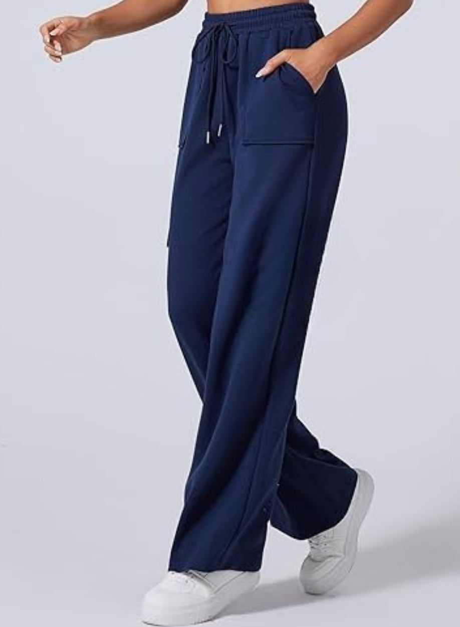 Women's High Waisted Wide Leg  Athletic Casual Trouser | BLUE
