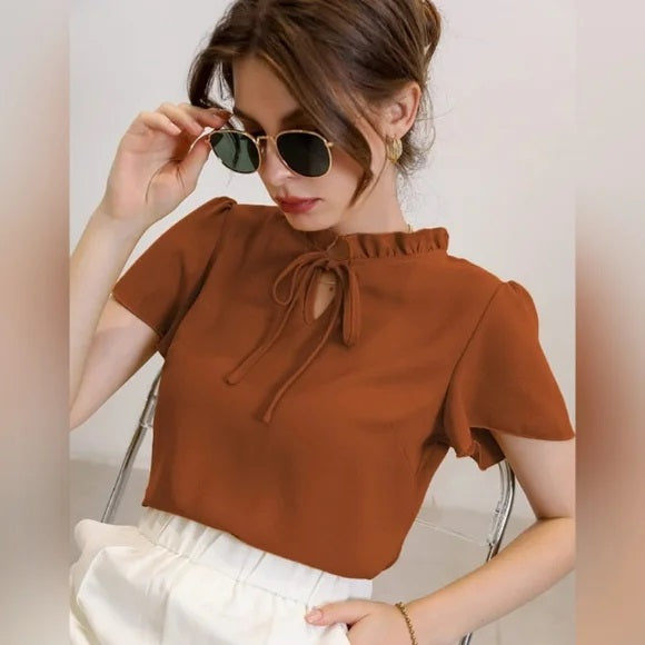 Casual Solid Shirts, Frill Neck | Umbrella Half Sleeves |  Every Day Tops