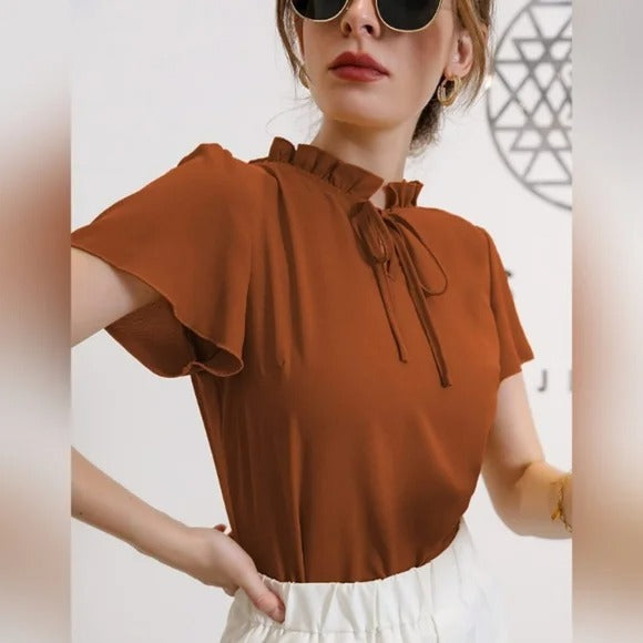 Casual Solid Shirts, Frill Neck | Umbrella Half Sleeves |  Every Day Tops