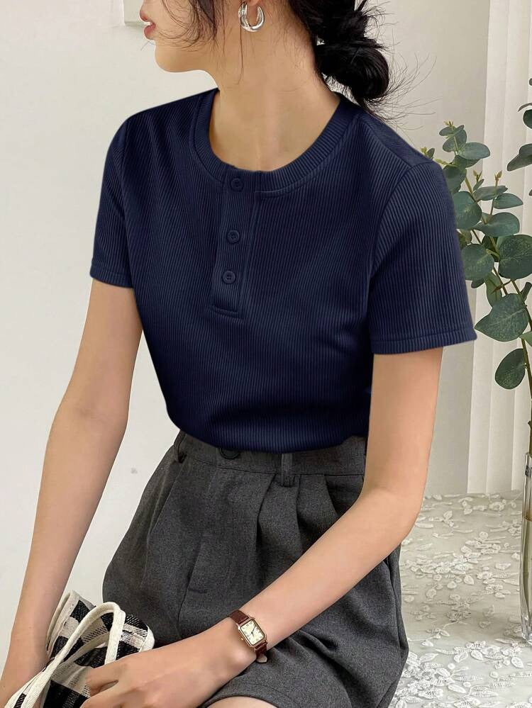 CW Button Front Rib Knit Tee – Navy Blue – (Half Sleeves)