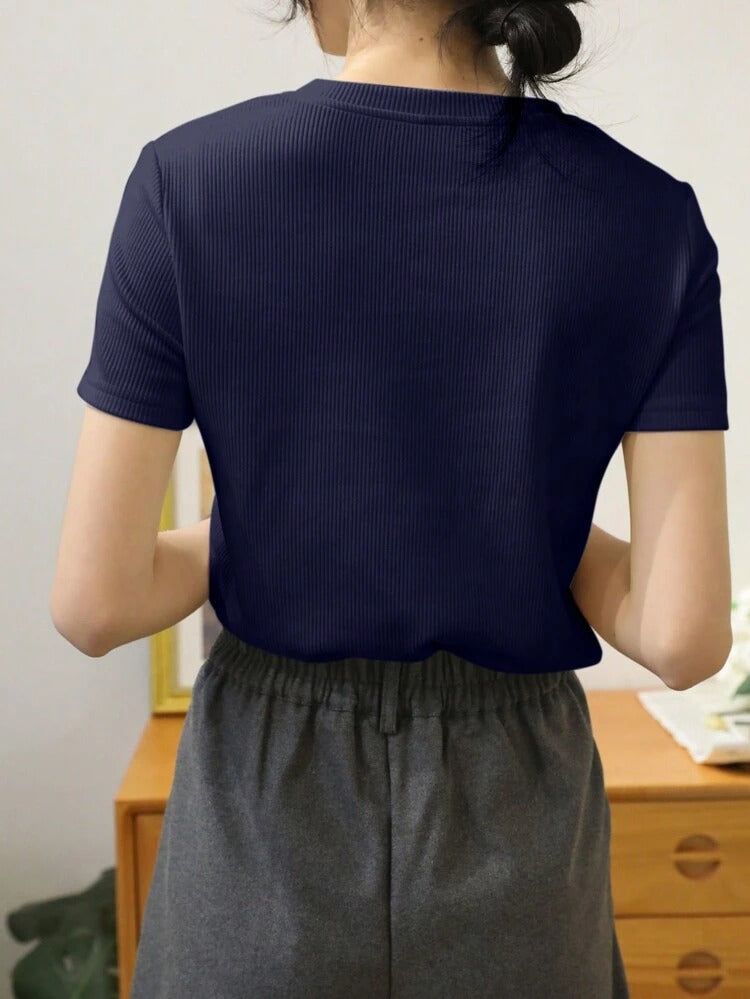 CW Button Front Rib Knit Tee – Navy Blue – (Half Sleeves)