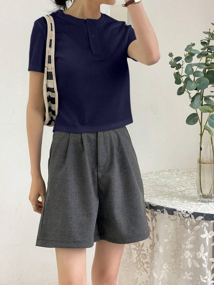 CW Button Front Rib Knit Tee – Navy Blue – (Half Sleeves)