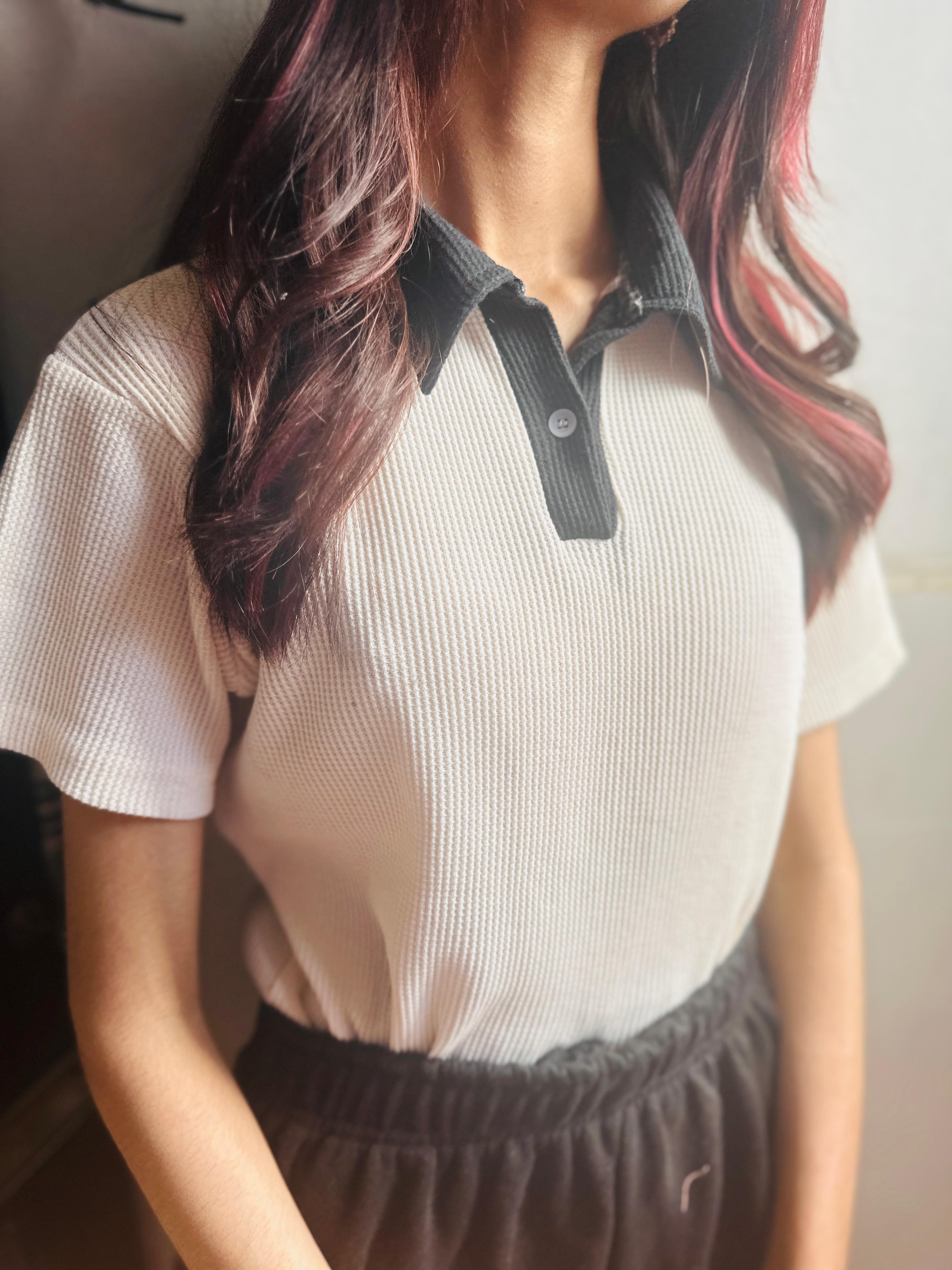 Casual Polo Contrast Black Collar Block Knit Top, Slim Fit Half Sleeves