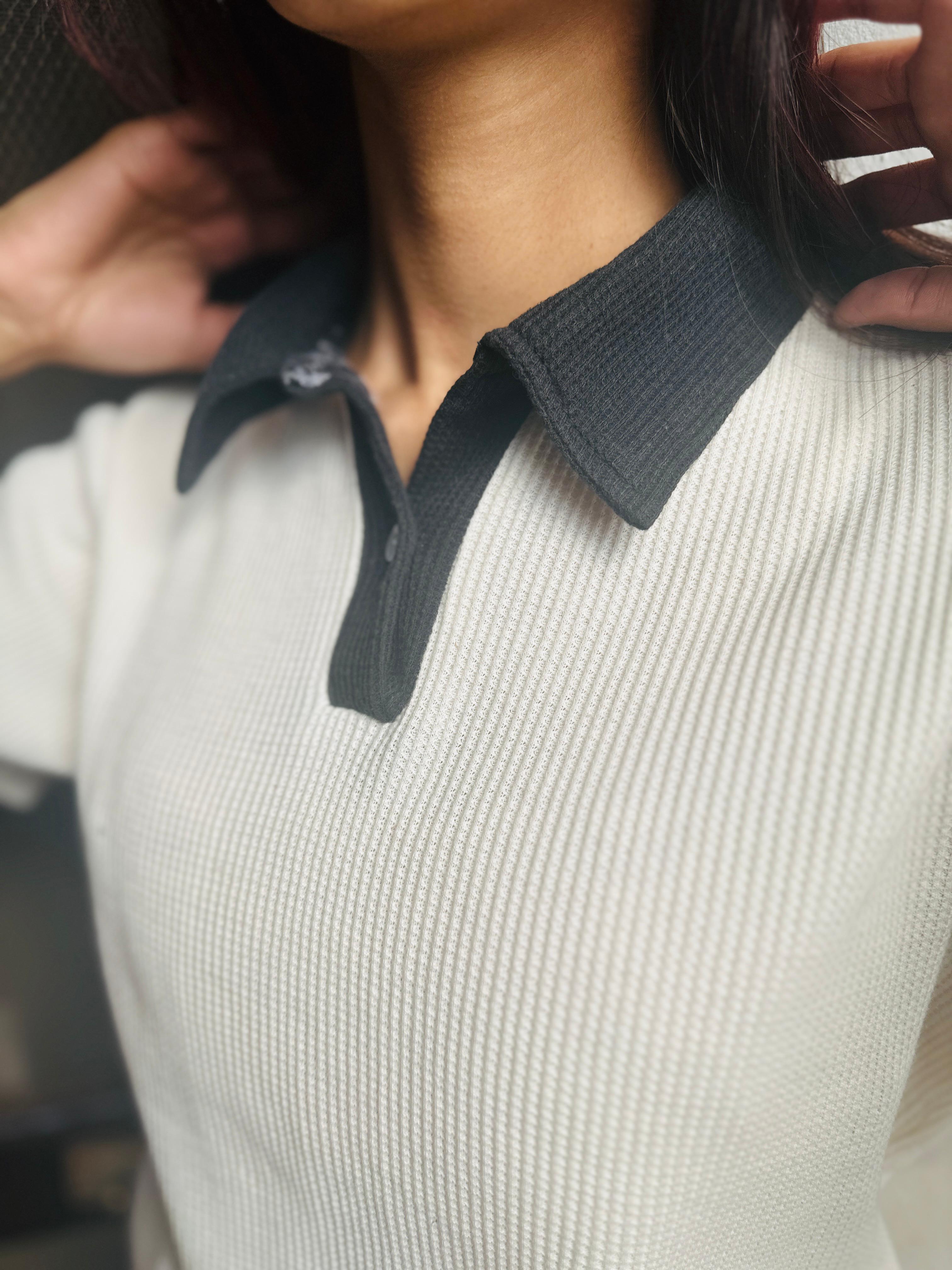 Casual Polo Contrast Black Collar Block Knit Top, Slim Fit Half Sleeves