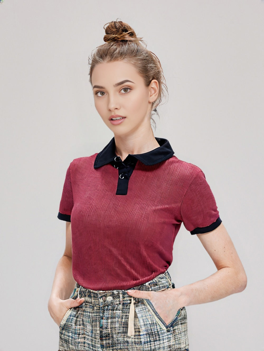Casual Maroon Polo Contrast Black Collar, Slim Fit,  Half Sleeves