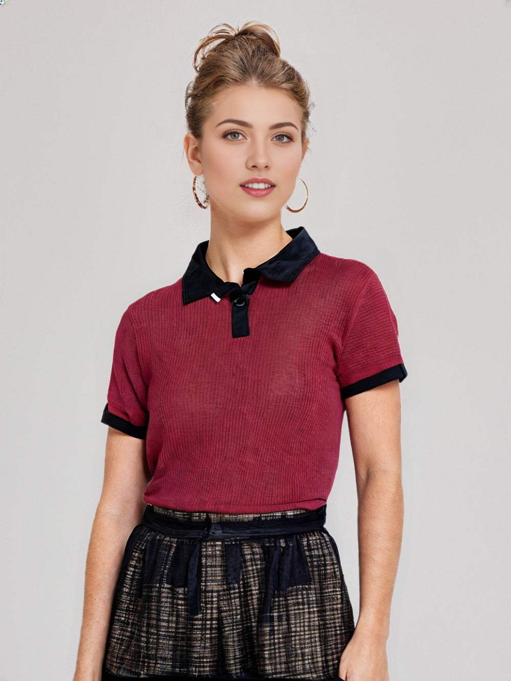 Casual Maroon Polo Contrast Black Collar, Slim Fit,  Half Sleeves