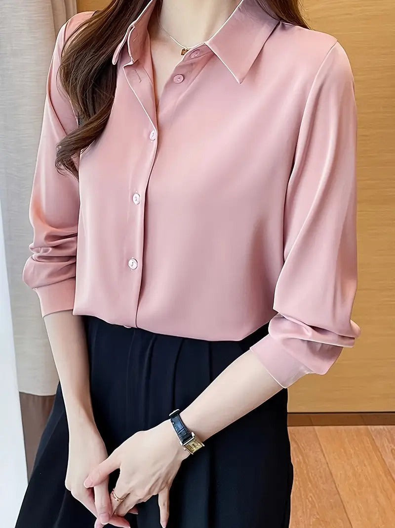 Polo Collar Shirt - Solid Color, Loose Fit, Perfect for Spring/Summer/Fall, Casual Chic Top