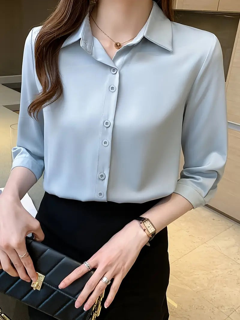 Polo Collar Shirt - Solid Color,  Loose Fit, Perfect for Spring/Summer/Fall, Casual Chic Top
