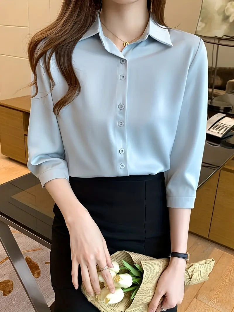 Polo Collar Shirt - Solid Color,  Loose Fit, Perfect for Spring/Summer/Fall, Casual Chic Top