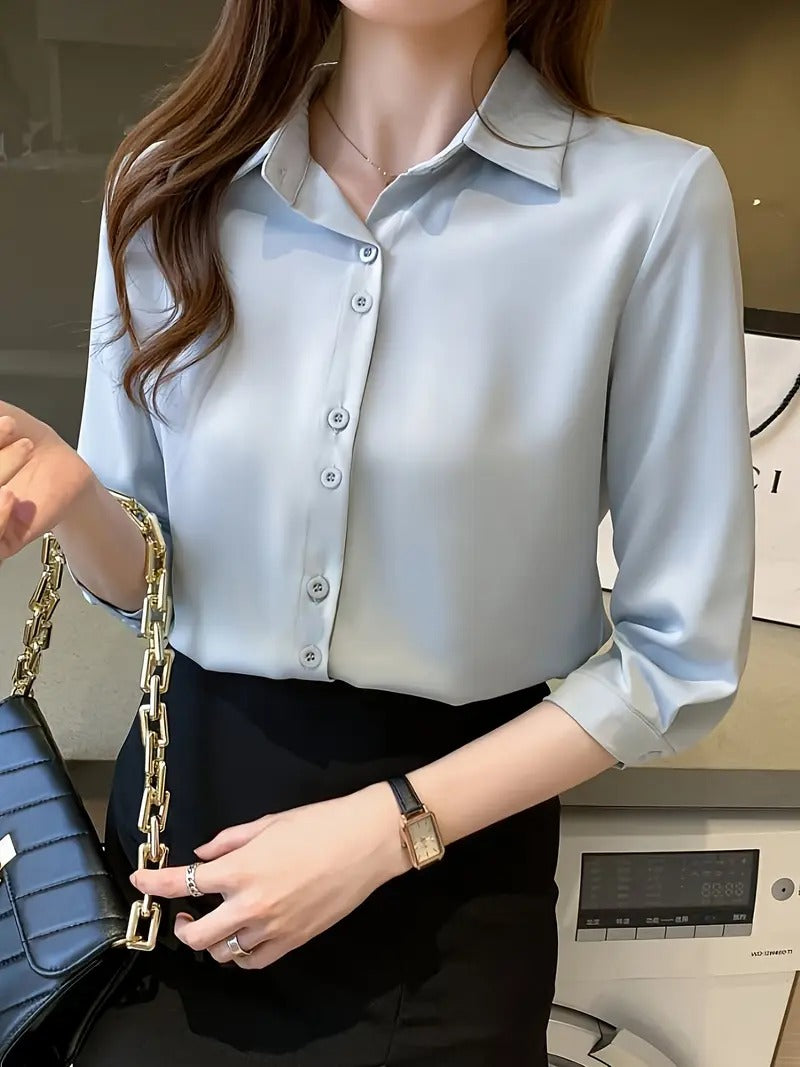 Polo Collar Shirt - Solid Color,  Loose Fit, Perfect for Spring/Summer/Fall, Casual Chic Top