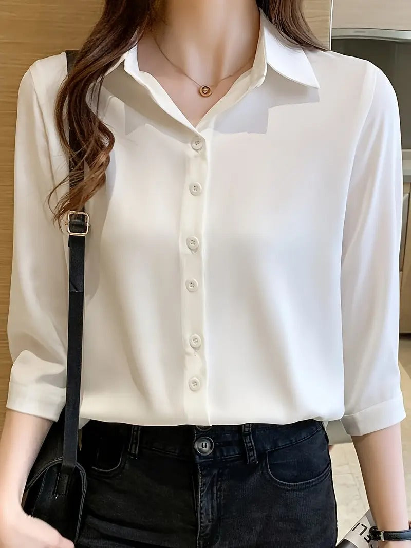 Polo Collar Shirt - Solid Color, Loose Fit, Perfect for Spring/Summer/Fall, Casual Chic Top