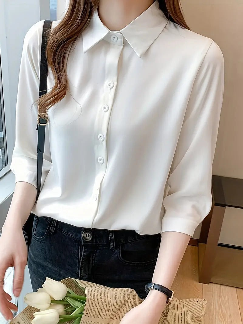 Polo Collar Shirt - Solid Color, Loose Fit, Perfect for Spring/Summer/Fall, Casual Chic Top