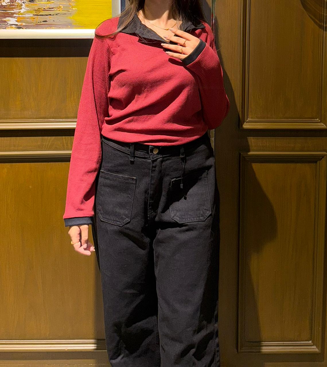 Casual Polo Contrast Black Knit Top, Slim Fit