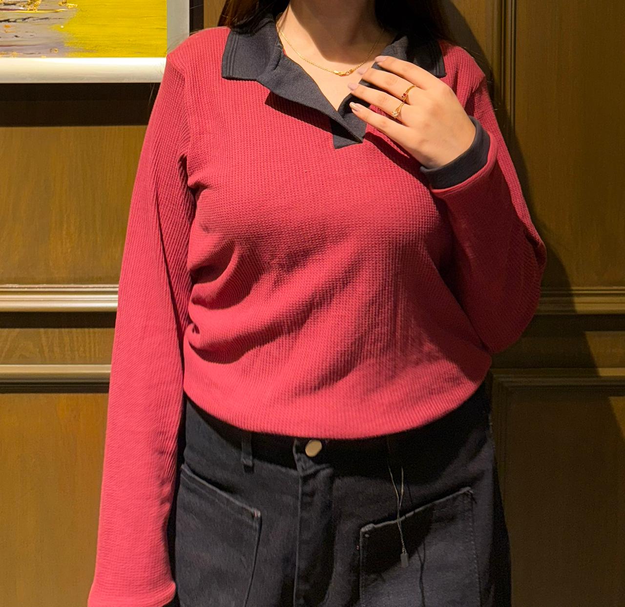 Casual Polo Contrast Black Knit Top, Slim Fit