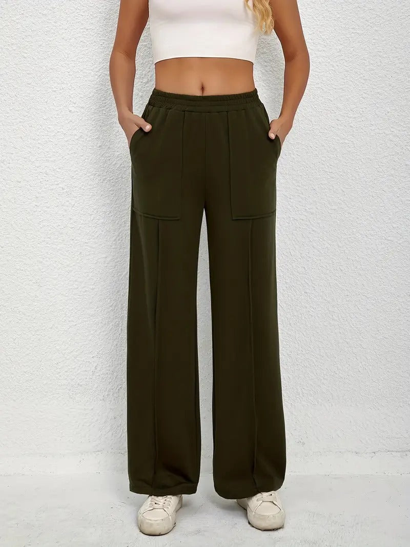 Women'S High-Waisted Wide-Leg Pants - Khaki Green, Casual & Versatile, Comfortable Loose Fit
