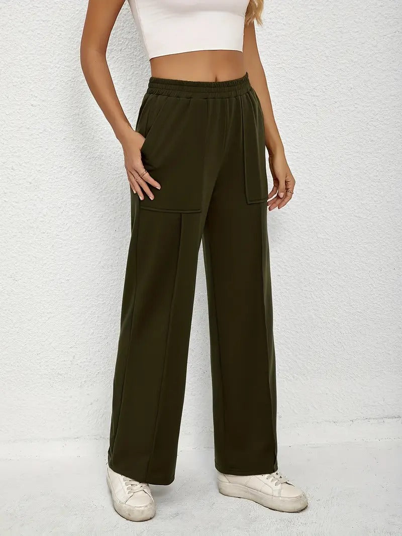 Women'S High-Waisted Wide-Leg Pants - Khaki Green, Casual & Versatile, Comfortable Loose Fit