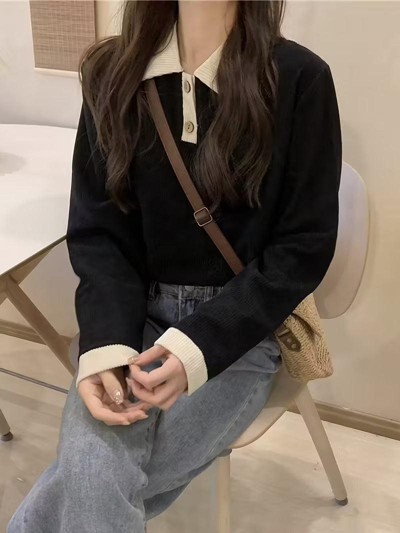 Casual Polo Contrast Black Knit Top, Slim Fit (Black Polo)