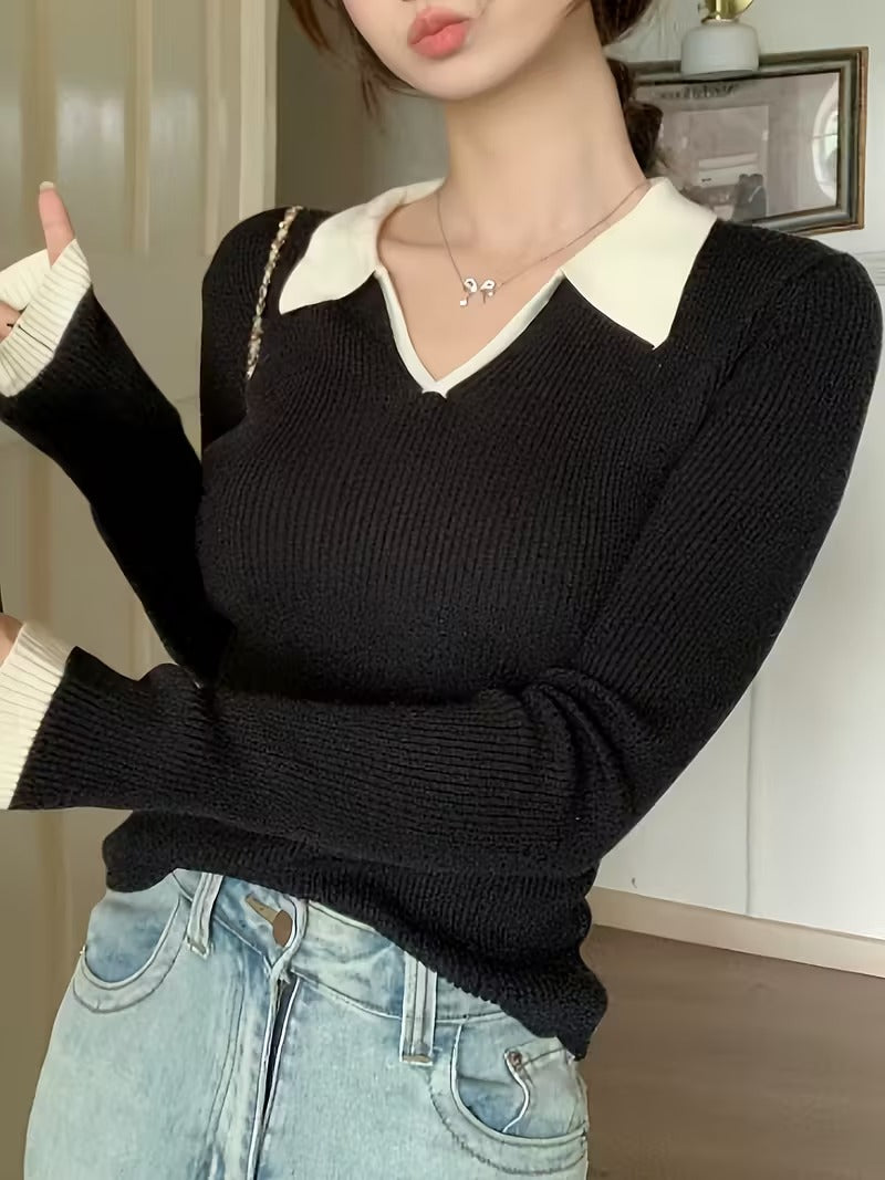Casual V-Neck Collar Beige Knit Top, Slim Fit (Black)