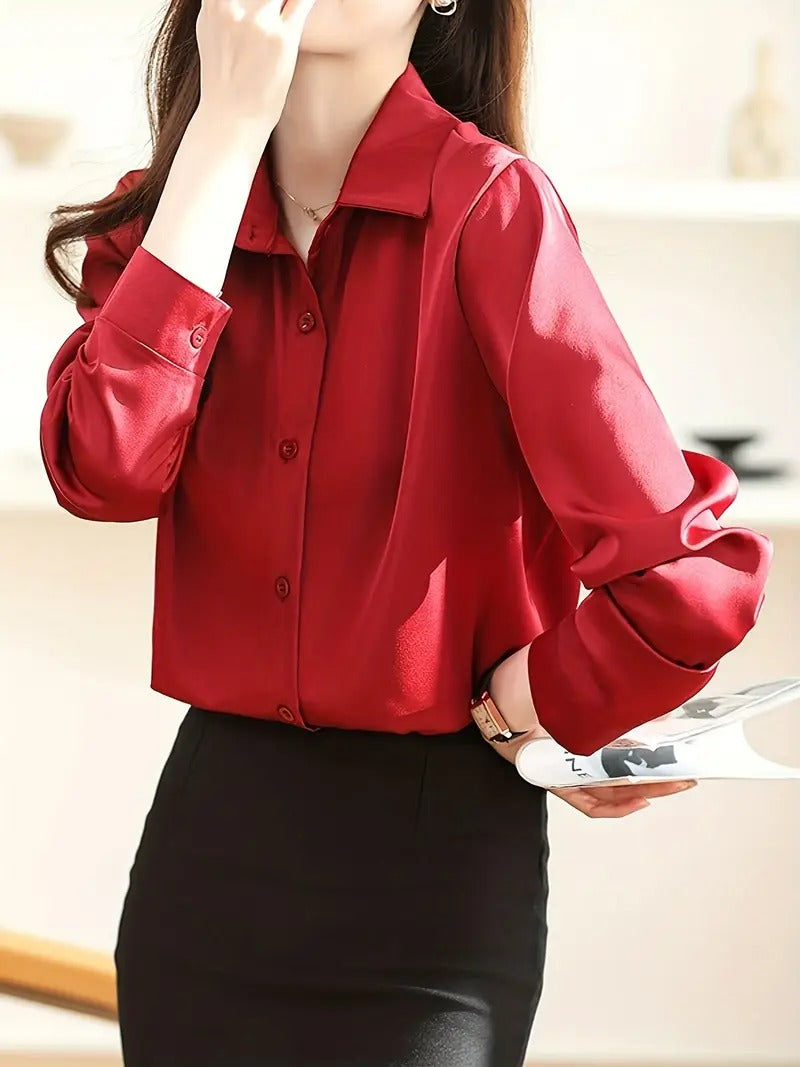 Polo Collar Shirt - Solid Color, Loose Fit, Perfect for Spring/Summer/Fall, Casual Chic Top