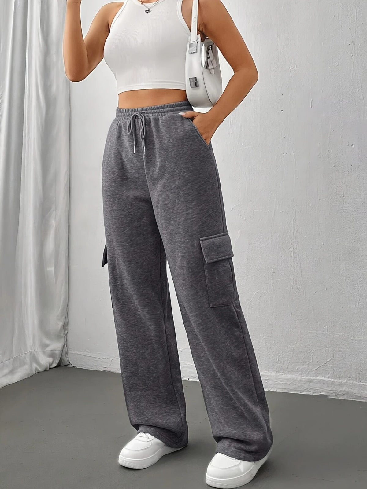 HIGH WAISTED WIDELEG CARGO TROUSER FOR WOMEN – CHARCOAL