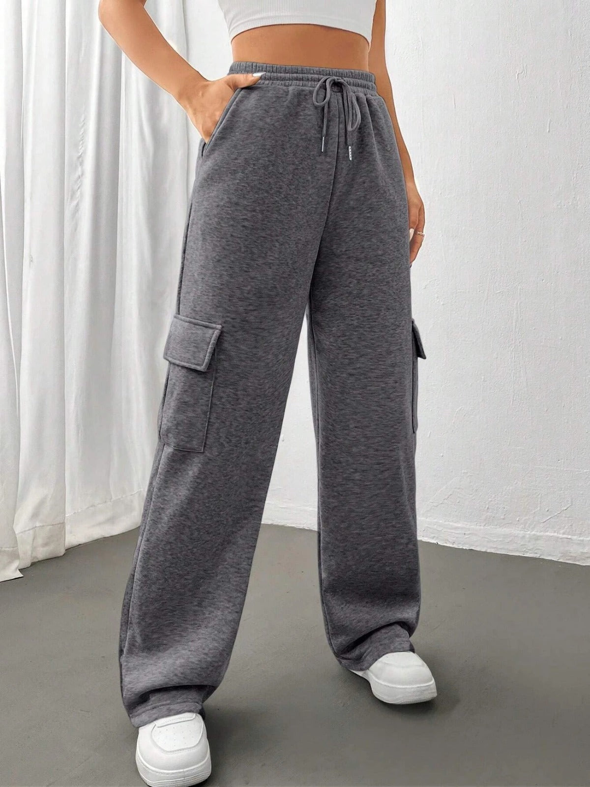 HIGH WAISTED WIDELEG CARGO TROUSER FOR WOMEN – CHARCOAL