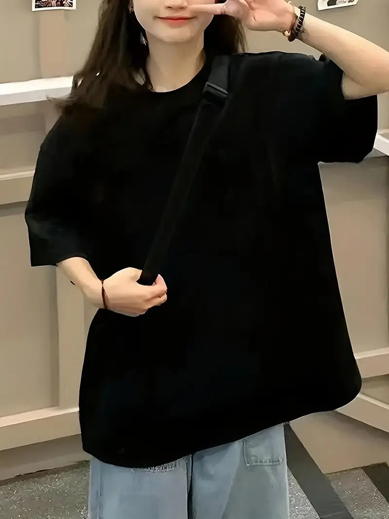 DROP SHOULDER ROUND NECK TEE – BLACK – (Half Sleeves)