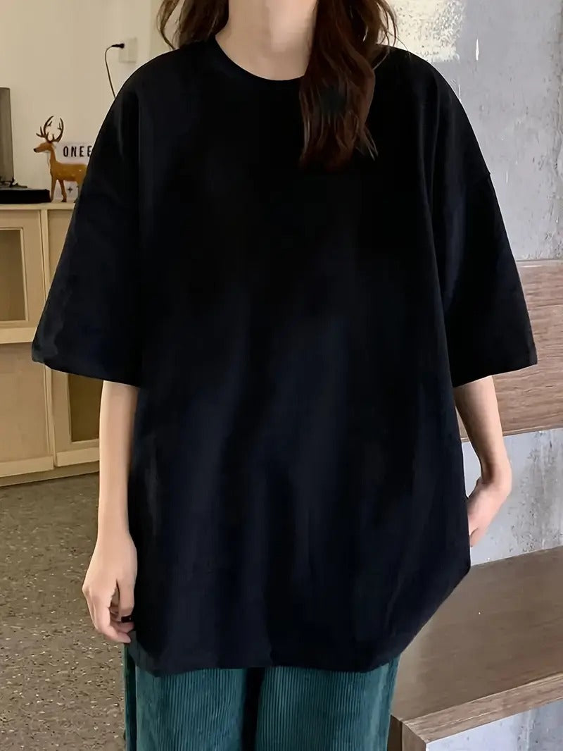 DROP SHOULDER ROUND NECK TEE – BLACK – (Half Sleeves)