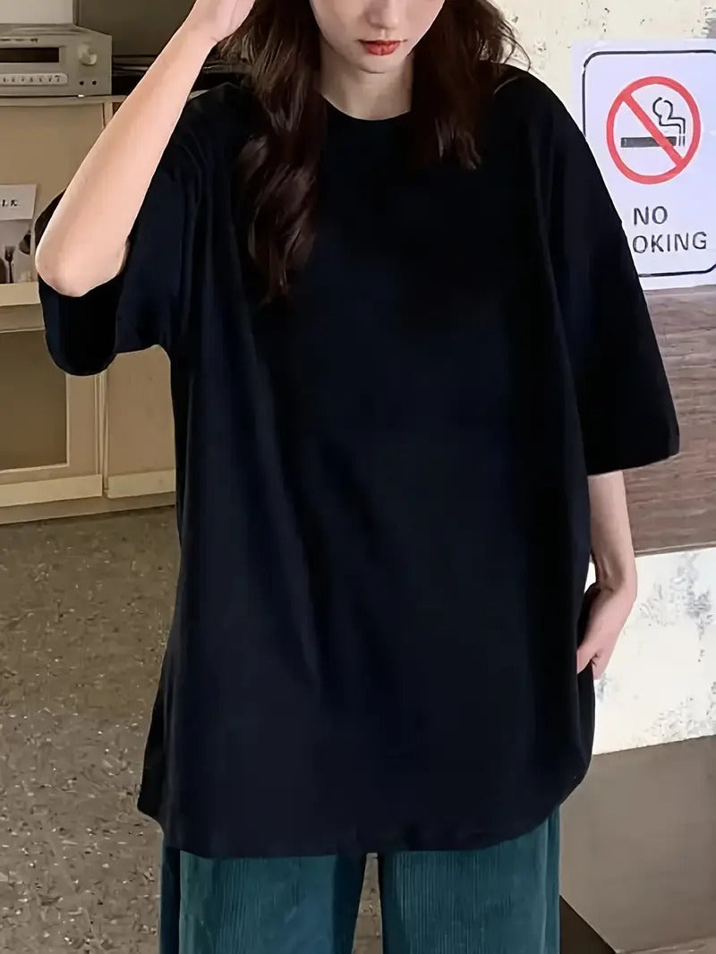 DROP SHOULDER ROUND NECK TEE – BLACK – (Half Sleeves)