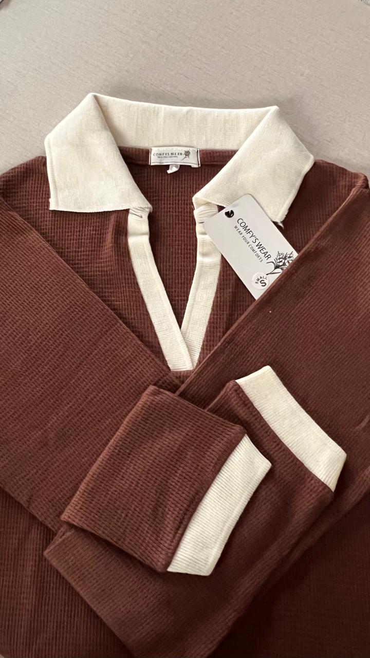 Casual V-Neck Collar Brown Top, Slim Fit