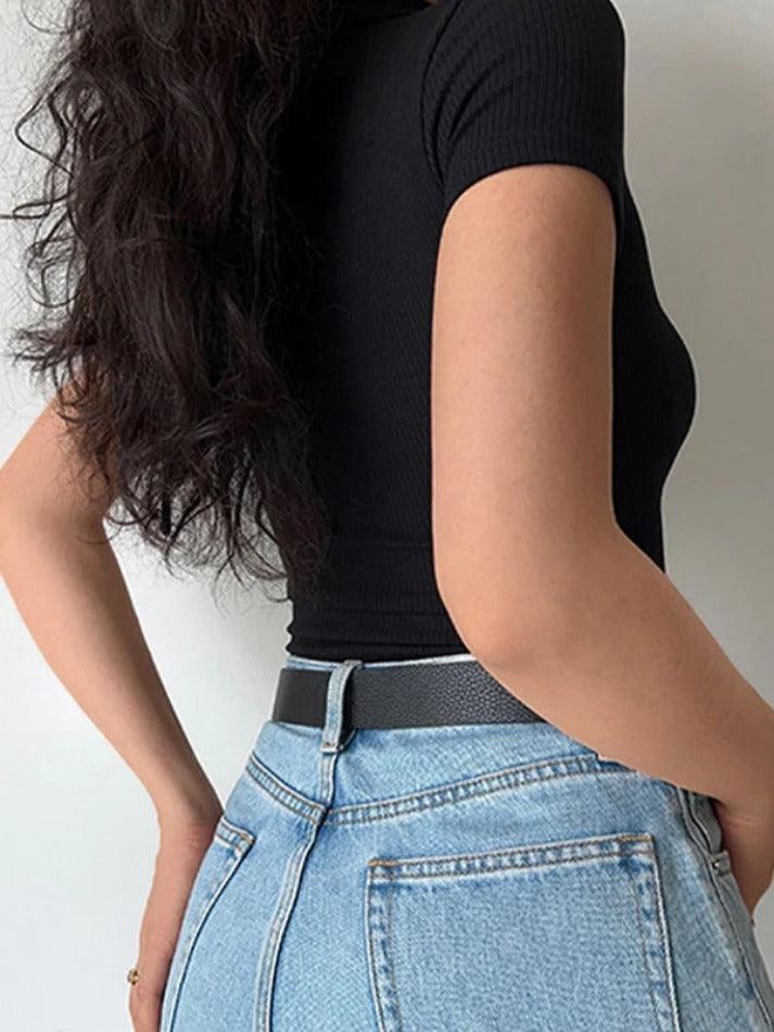 Down Collar Ribbed Knit Polo Tee – BLACK