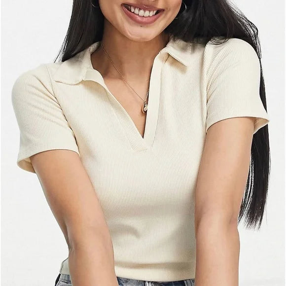 Down Collar Ribbed Knit Polo Tee – SKIN COLOR – (Half Sleeves)