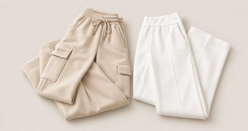 Customer favourites flat lay with beige cargo and white trousers