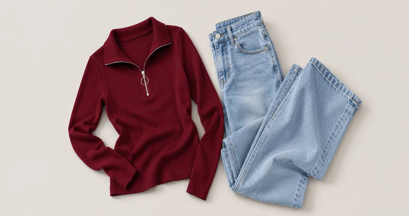 New arrivals flat lay with maroon zip top and ice-blue denim