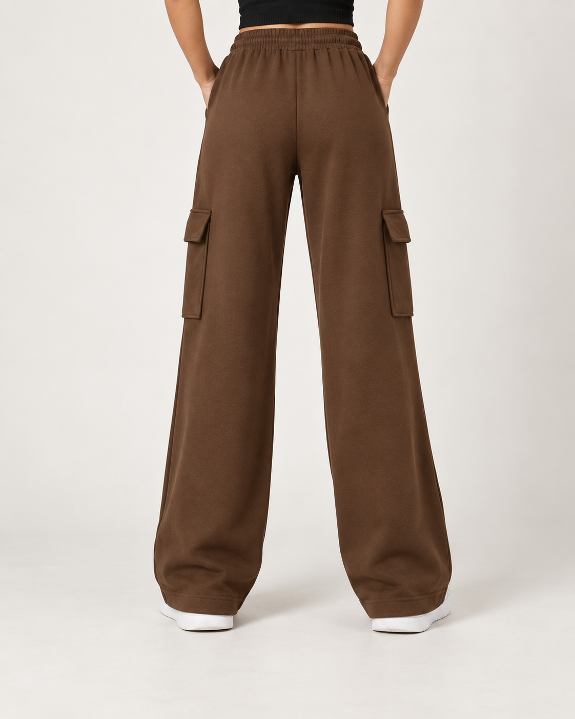 High Waisted Wide Leg Athletic Trouser | Front Pocket Cargo | Brown