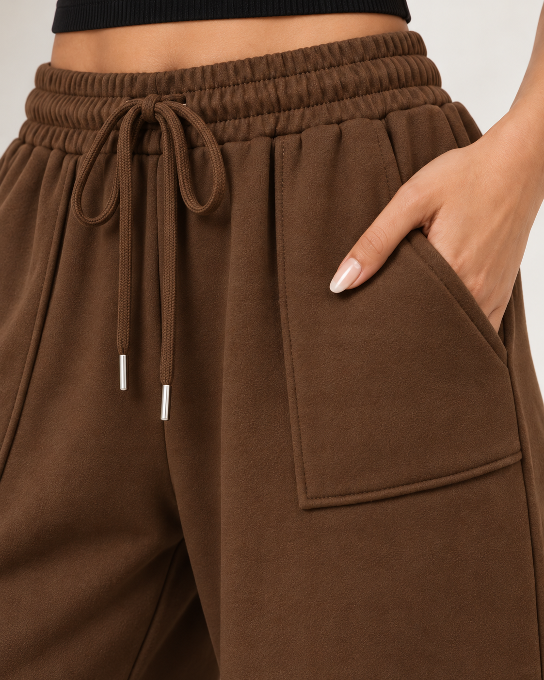 High Waisted Wide Leg Athletic Trouser | Front Pocket Cargo | Brown