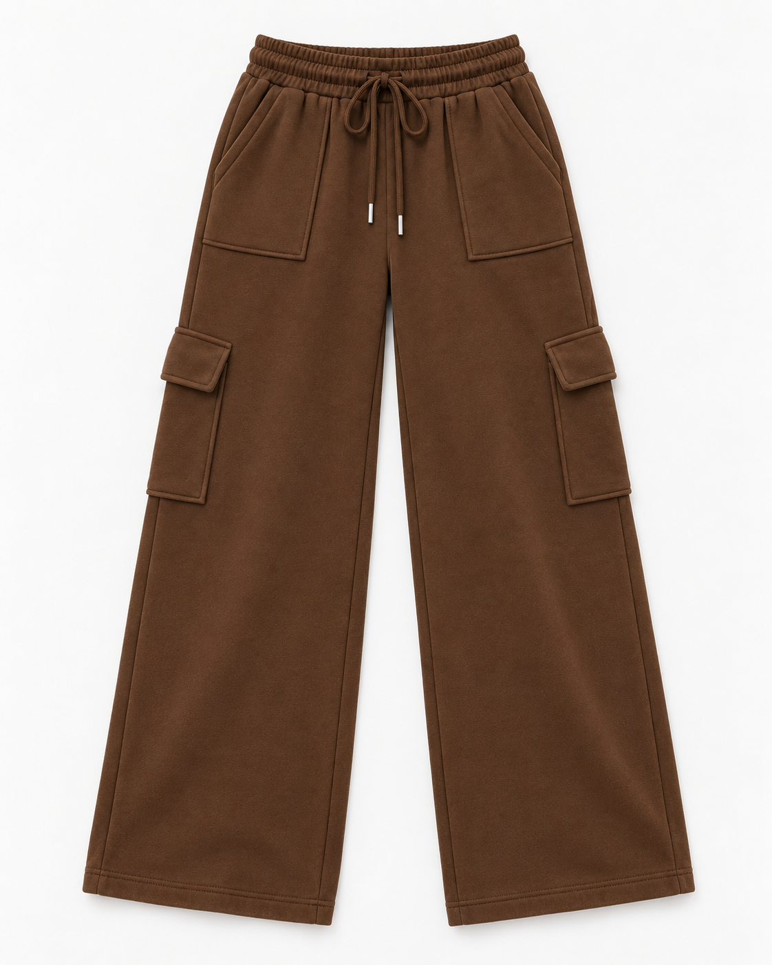 Brown high-waisted wide-leg cargo trousers laid flat