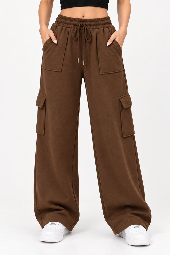 High Waisted Wide Leg Athletic Trouser | Front Pocket Cargo | Brown