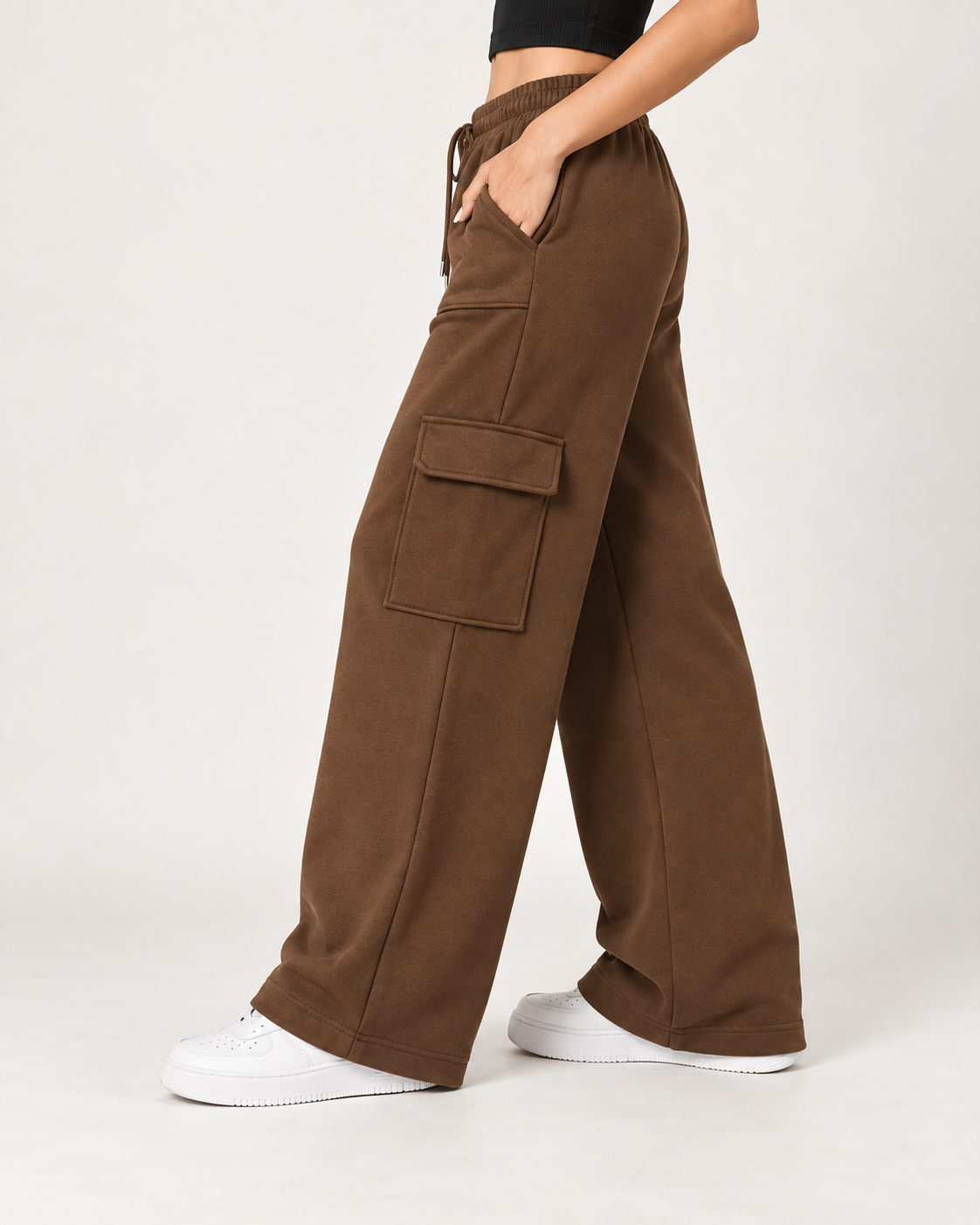 High Waisted Wide Leg Athletic Trouser | Front Pocket Cargo | Brown