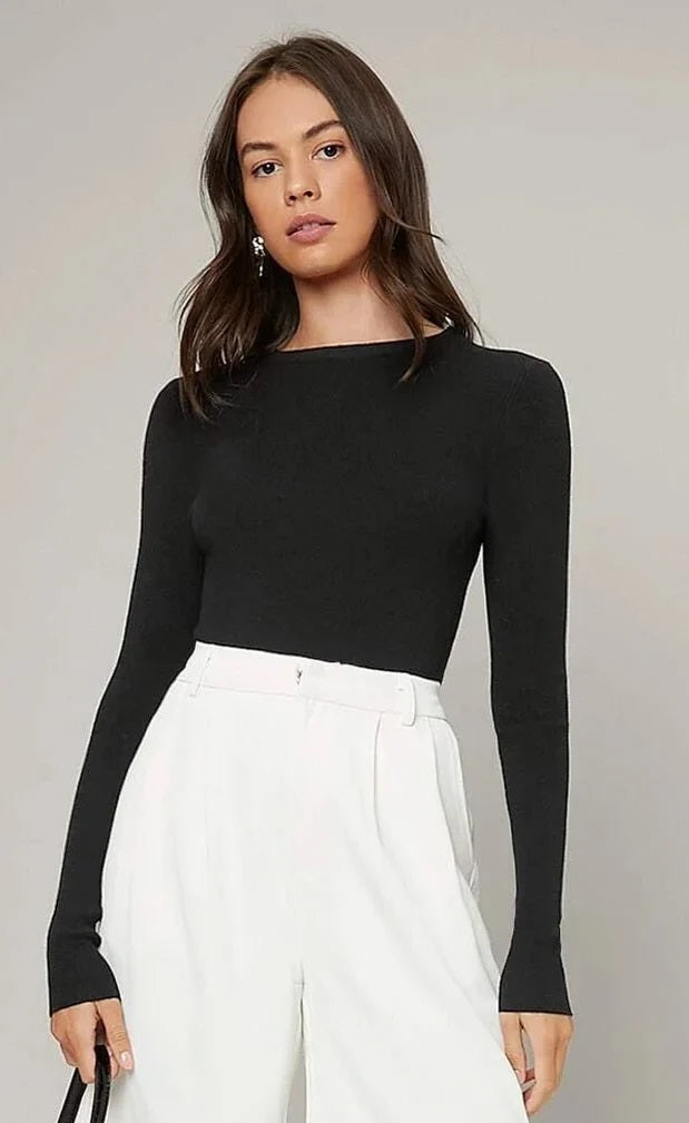 Simple Boat Neck Casual Long Sleeve shirt– Black