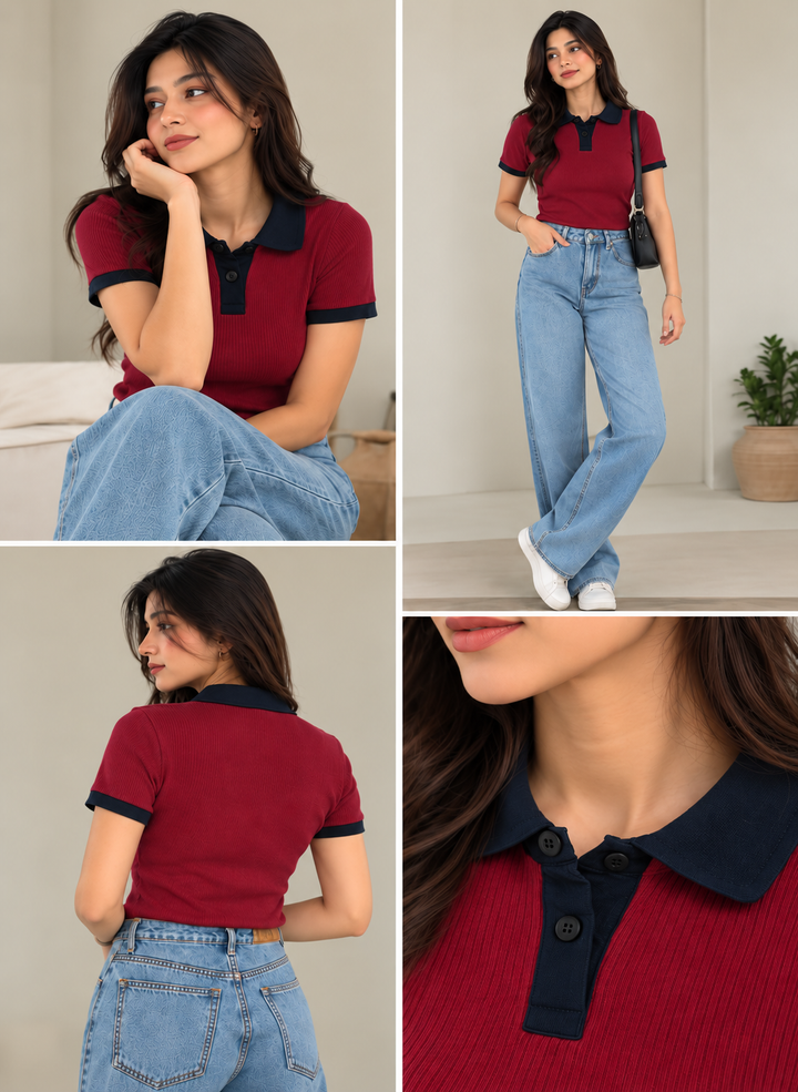 Maroon short-sleeve polo top with black buttons, multiple poses